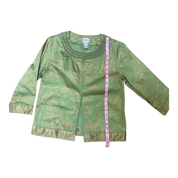 Chico’s Green Gold Shiny Cotton Embroidered Dots Trim Jacket Size 0 Small EUC - Picture 3 of 7